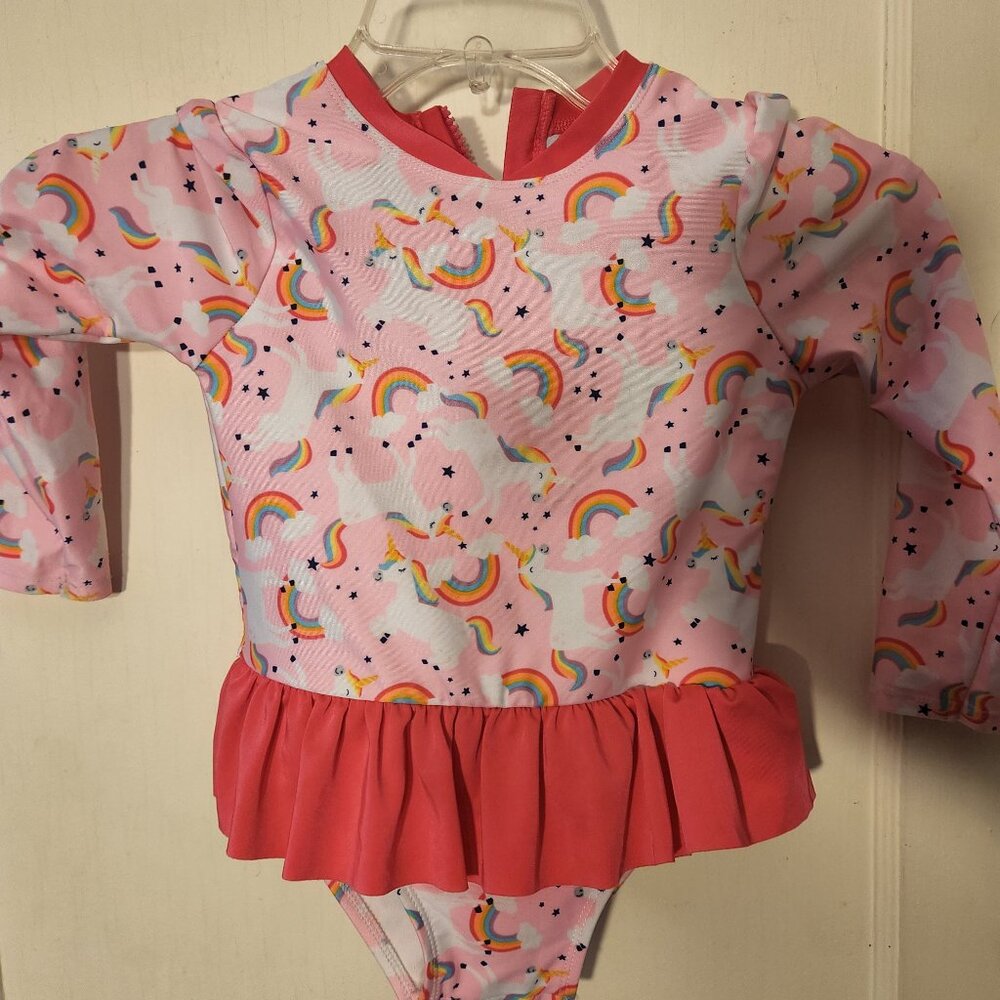 Toddler girl 5T CAT&JACK hot pink Rainbow|Unicorn long sleeve one piece swimsuit